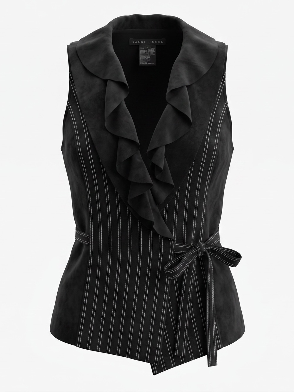 Yansi Fugel Ruffle Wrap Vest Black Striped Suede Tie Waist Modern Women's Large